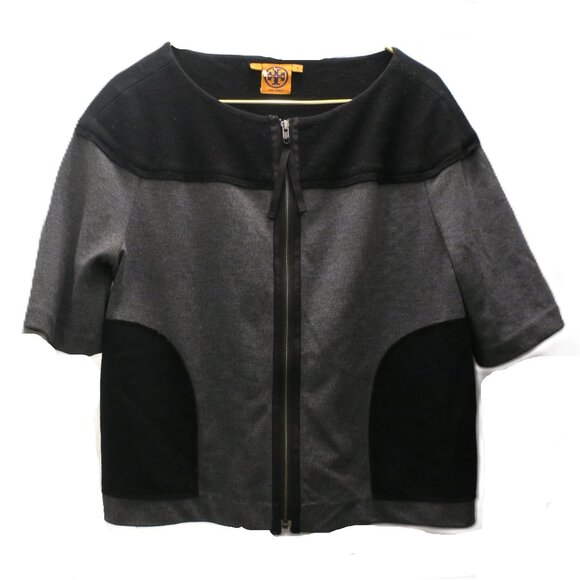 Tory Burch Women Gray Black Jacket Blazer Pockets Short Sleeve Full-Zip Large - Picture 1 of 2